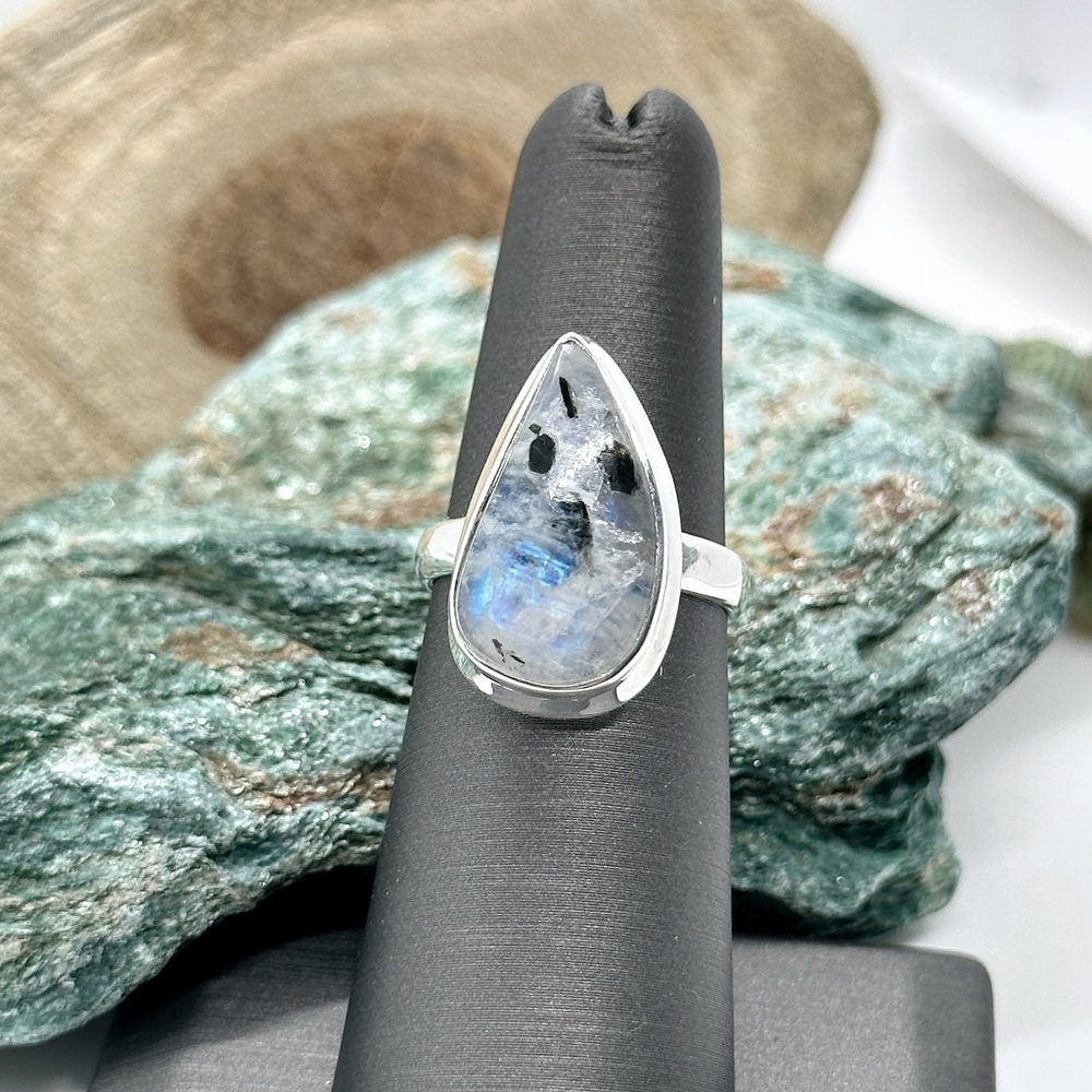 RAINBOW Moonstone & Natural Black Tourmaline Solid Sterling Silver Crystal Ring